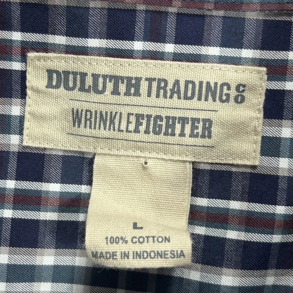 Duluth Trading Wrinklefighter Shirt Mens Large Blue Plaid Button Down Cotton